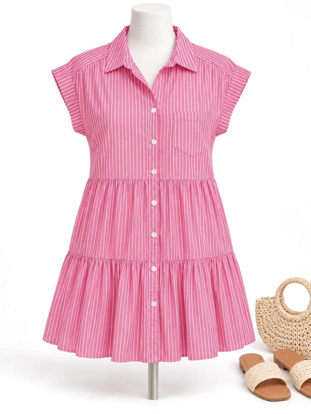 Tommy‎ Hilfiger Pink White Striped Tiered Shirt Dress Size 12